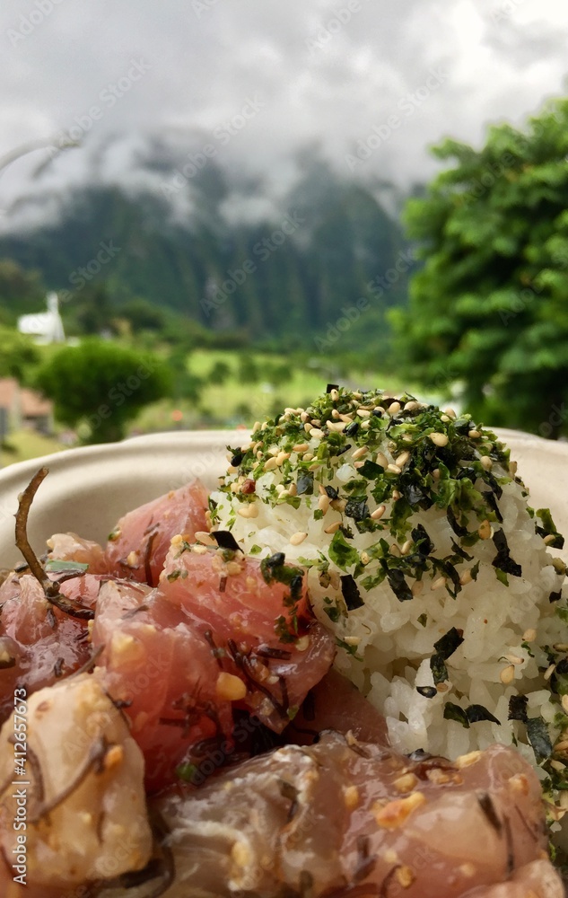 前景中有米饭和香草的戳碗，背景柔和，白色小教堂，郁郁葱葱的树木，以及