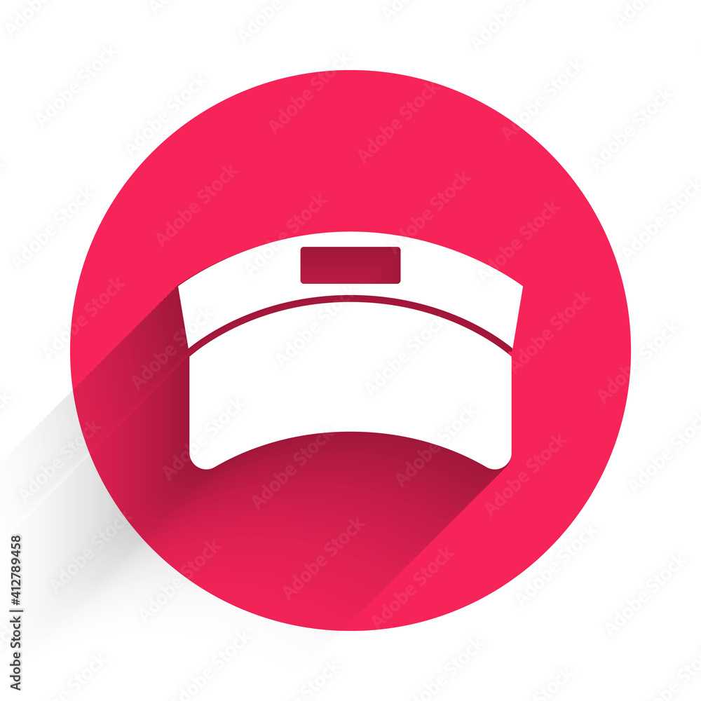 White Sun visor cap icon isolated with long shadow. Sport equipment. Sports uniform. Red circle butt