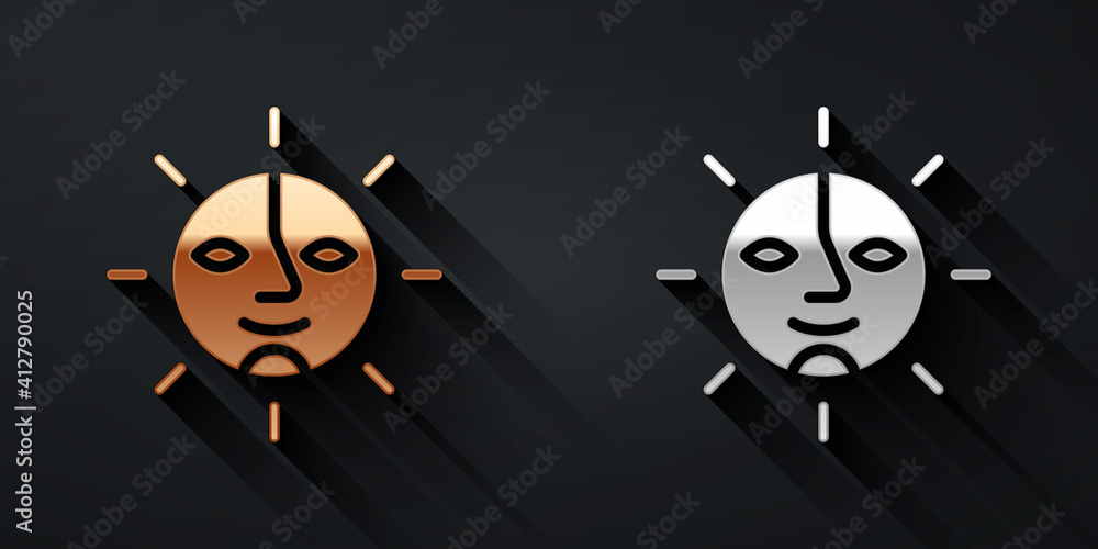 Gold and silver Sun icon isolated on black background. Long shadow style. Vector.