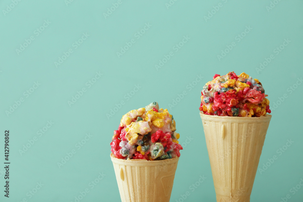 Waffle cones with popcorn balls on color background