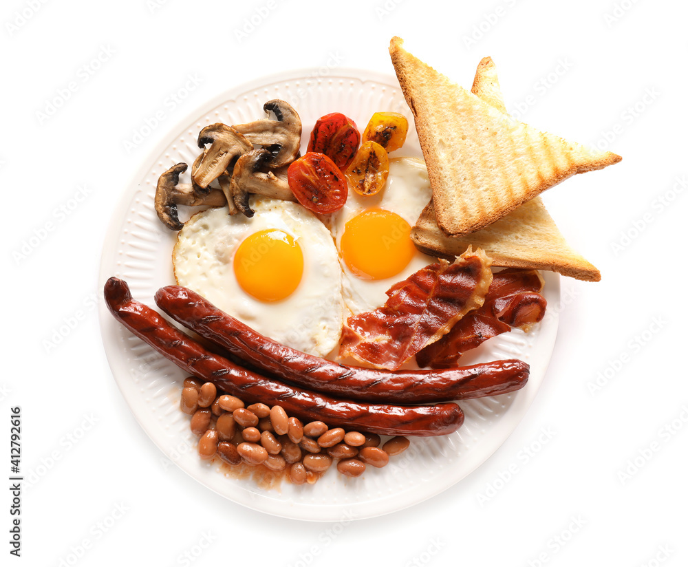 Traditional English breakfast with fried eggs in plate on white background