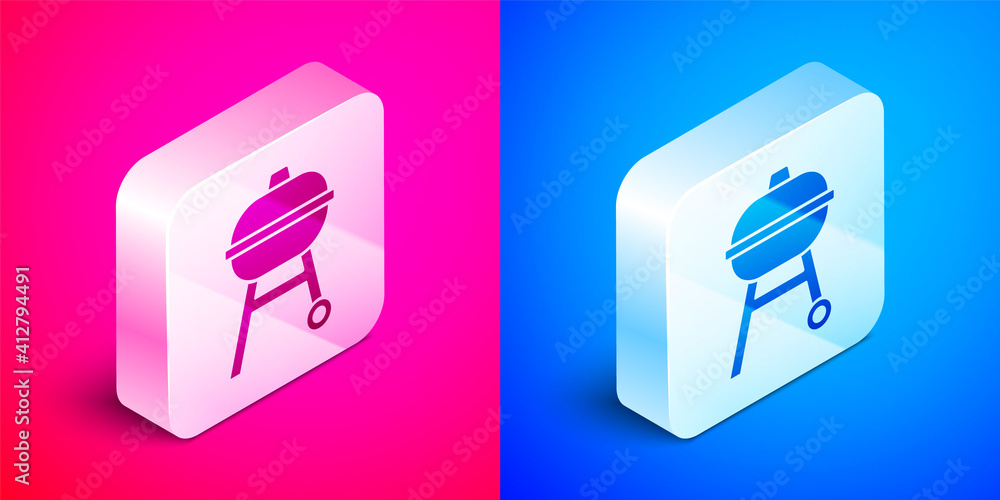 White Barbecue grill icon isolated with long shadow. BBQ grill party. Red circle button. Vector.