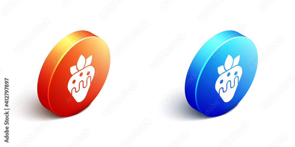 Isometric Strawberry in chocolate icon isolated on white background. Orange and blue circle button. 