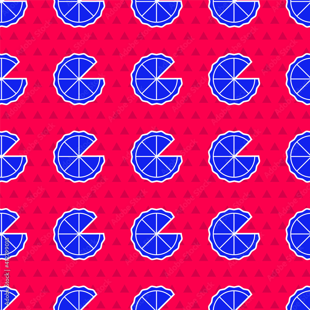 Blue Homemade pie icon isolated seamless pattern on red background. Vector.