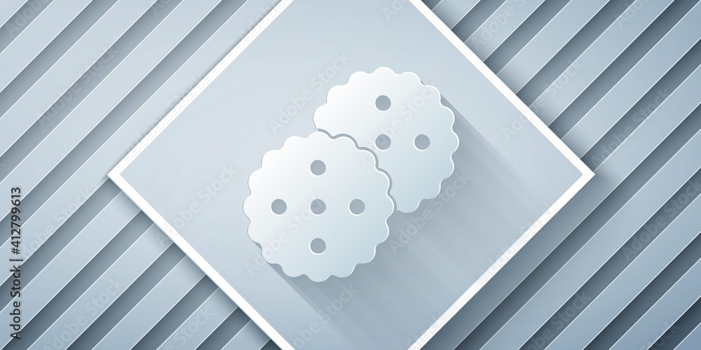 Paper cut Cookie or biscuit with chocolate icon isolated on grey background. Paper art style. Vector