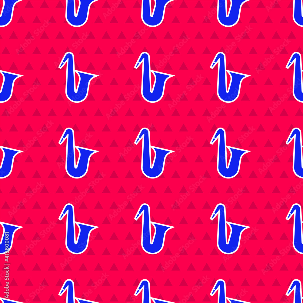 Blue Musical instrument saxophone icon isolated seamless pattern on red background. Vector.