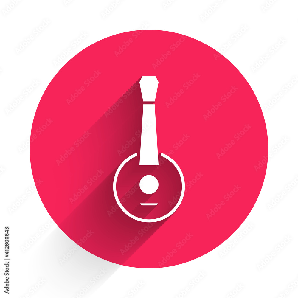 White Banjo icon isolated with long shadow. Musical instrument. Red circle button. Vector.