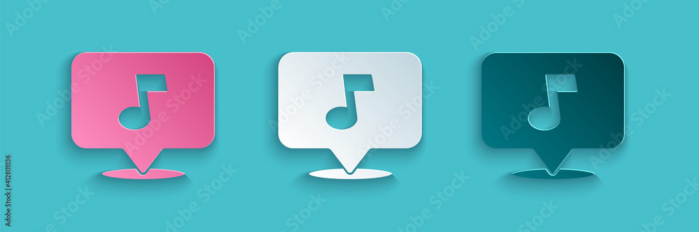 Paper cut Music note, tone icon isolated on blue background. Paper art style. Vector.