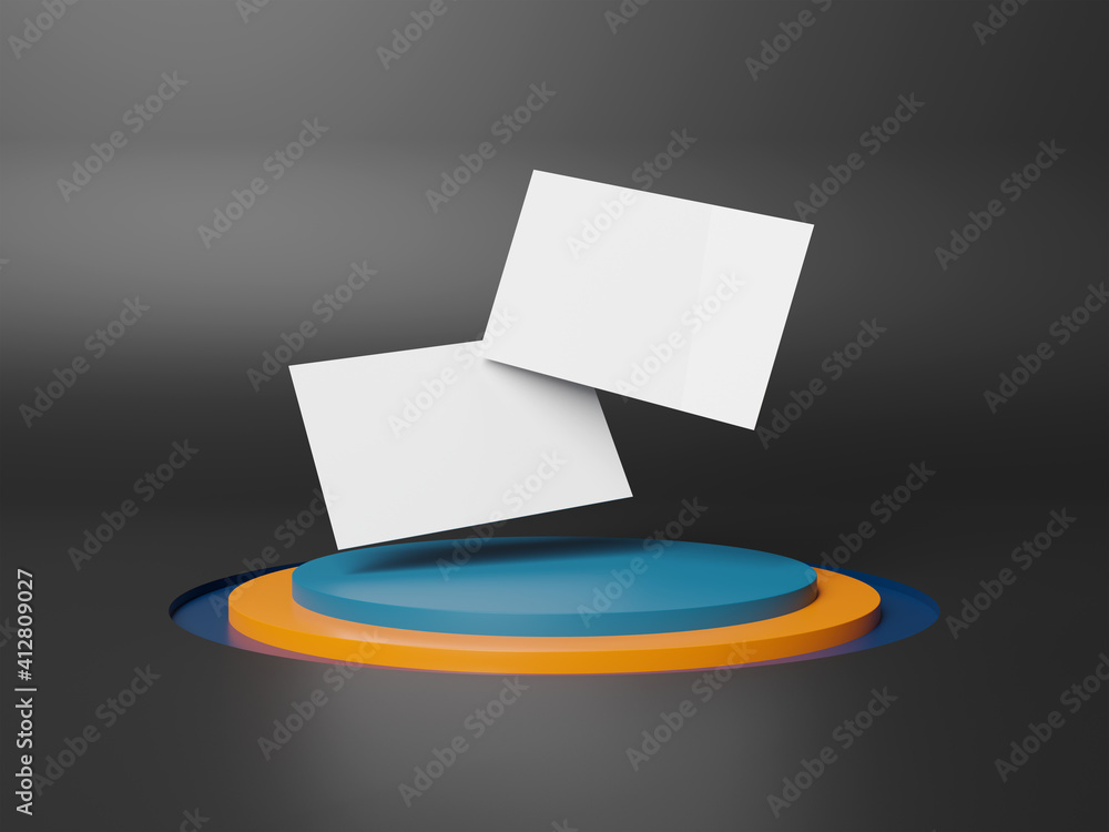 Floating business cards on stage podium Mockup. Template of international calling cards on pedestral