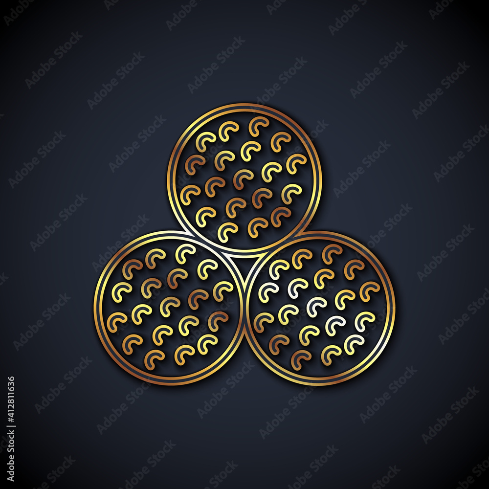 Gold line Golf ball icon isolated on black background. Vector.