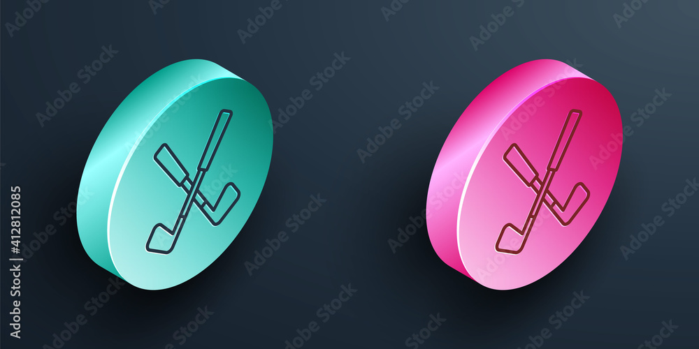 Isometric line Crossed golf club icon isolated on black background. Turquoise and pink circle button