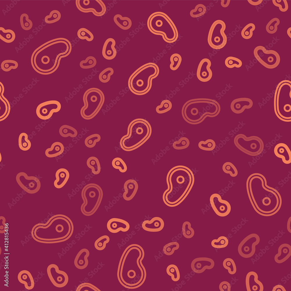 Brown line Steak meat icon isolated seamless pattern on red background. Vector.