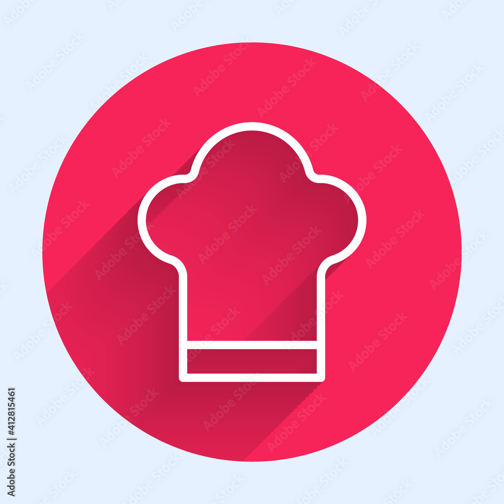 White line Chef hat icon isolated with long shadow. Cooking symbol. Cooks hat. Red circle button. Ve