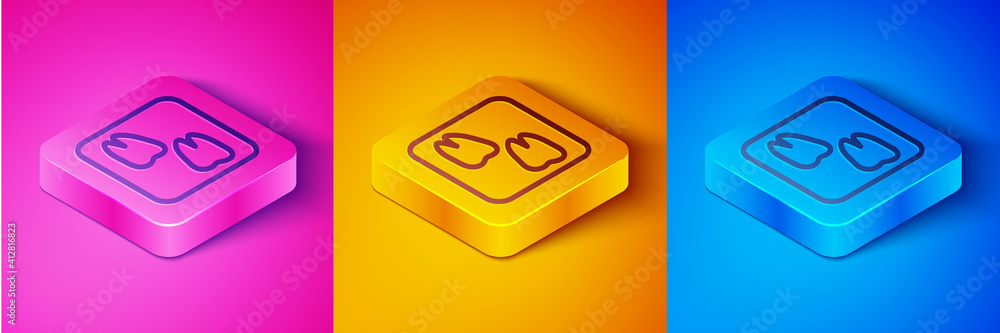 Isometric line Camel paw footprint icon isolated on pink and orange, blue background. Square button.