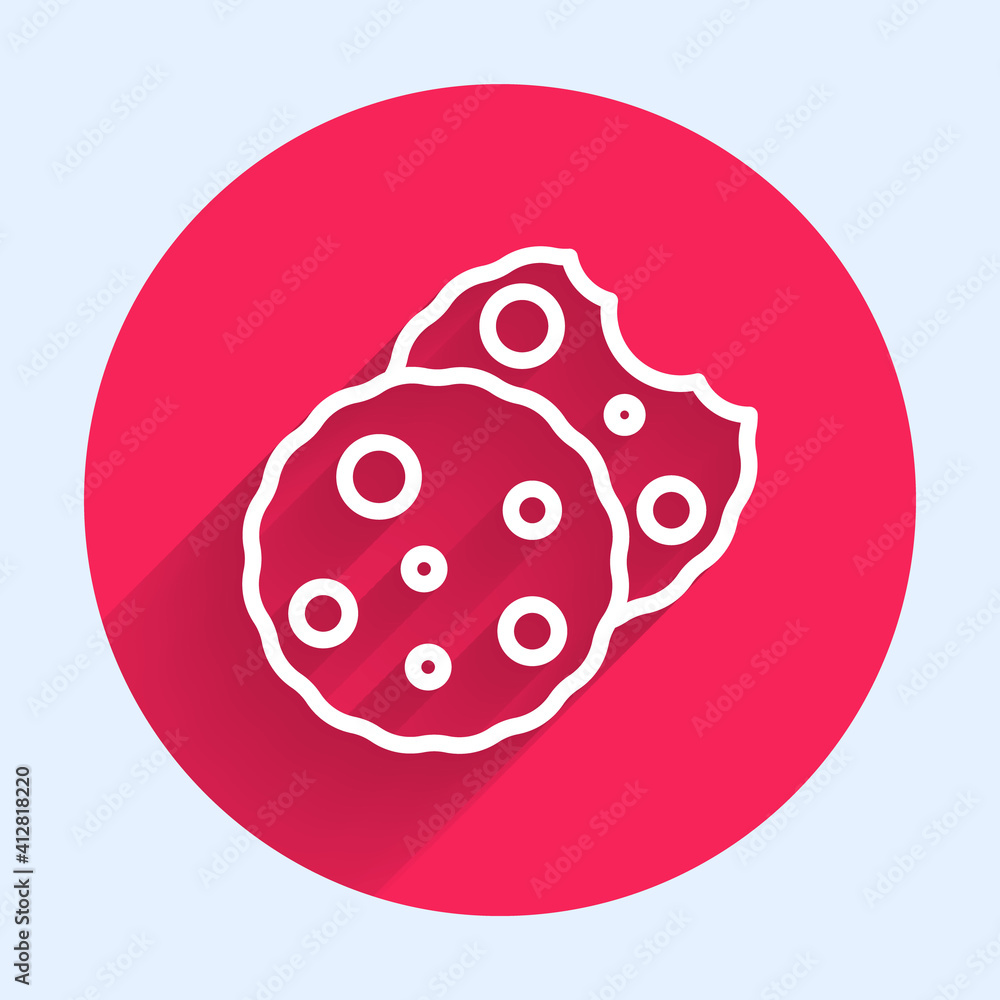 White line Cookie or biscuit with chocolate icon isolated with long shadow. Red circle button. Vecto