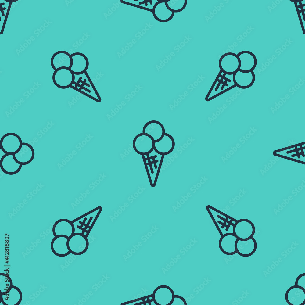 Black line Ice cream in waffle cone icon isolated seamless pattern on green background. Sweet symbol