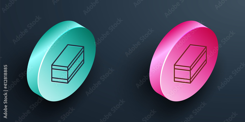 Isometric line Brownie chocolate cake icon isolated on black background. Turquoise and pink circle b