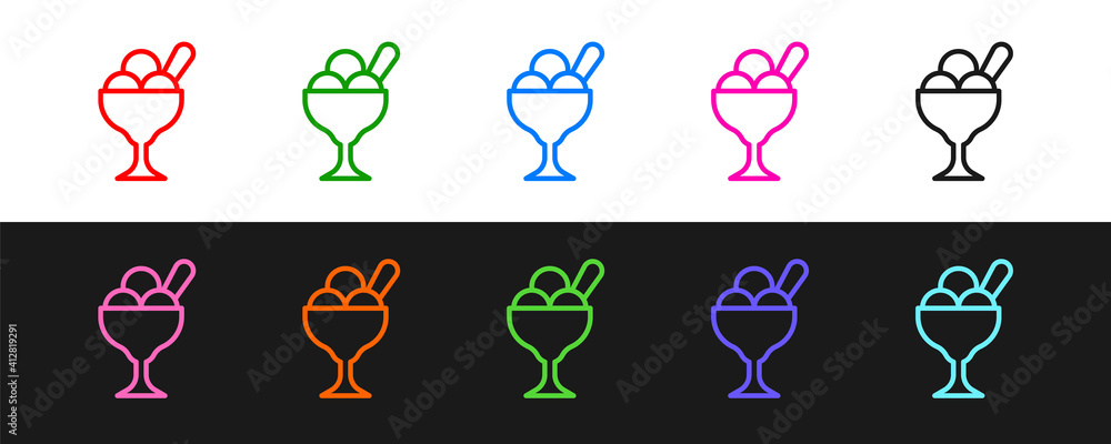 Set line Ice cream in the bowl icon isolated on black and white background. Sweet symbol. Vector.