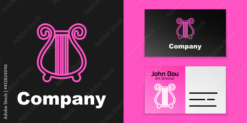 Pink line Ancient Greek lyre icon isolated on black background. Classical music instrument, orhestra