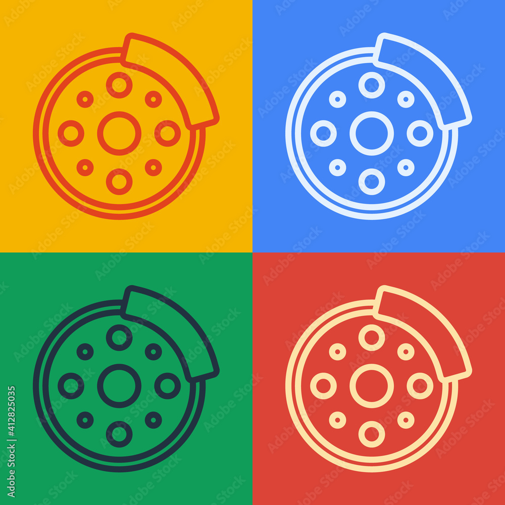 Pop art line Bicycle brake disc icon isolated on color background. Vector.