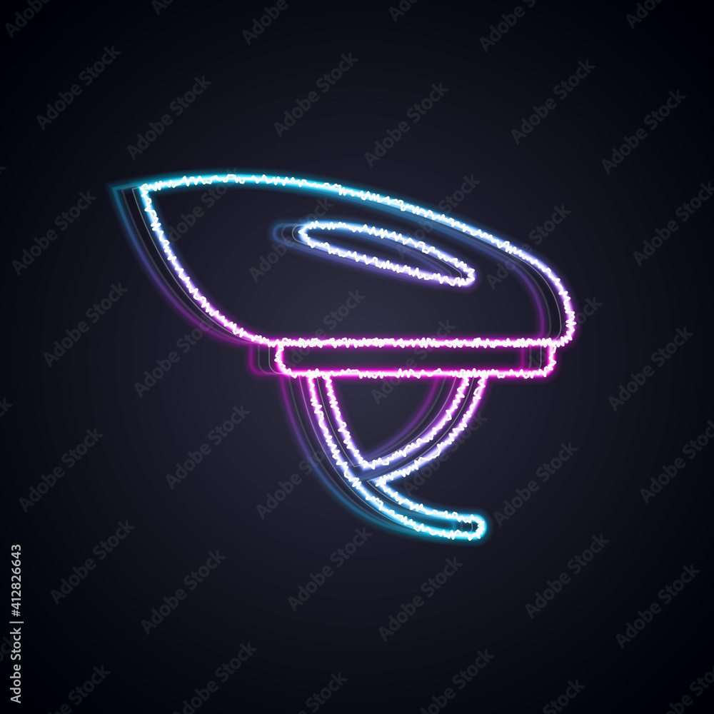 Glowing neon line Bicycle helmet icon isolated on black background. Extreme sport. Sport equipment. 