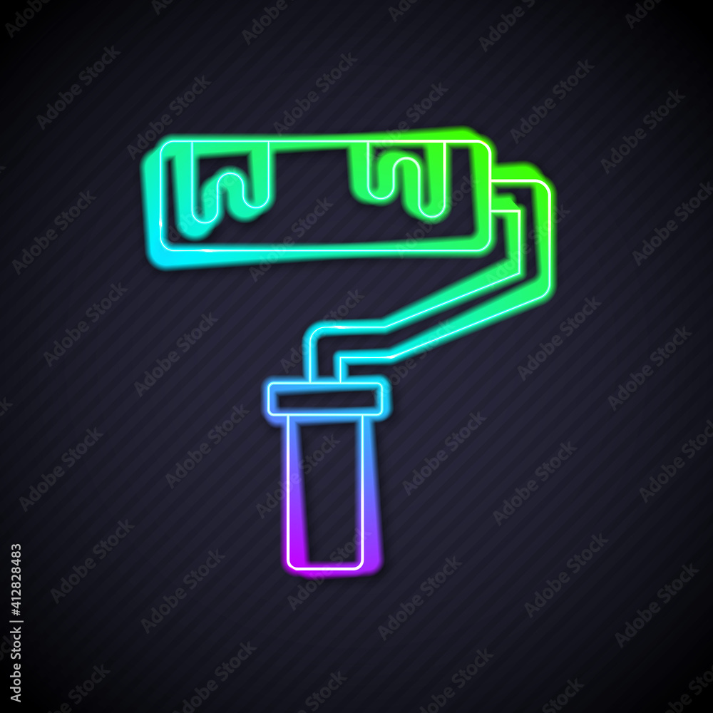 Glowing neon line Paint roller brush icon isolated on black background. Vector.