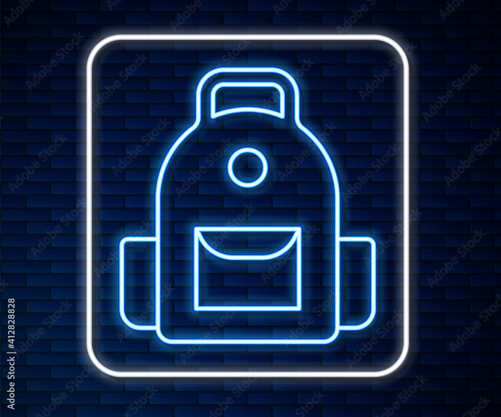 Glowing neon line School backpack icon isolated on brick wall background. Vector.