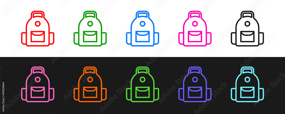 Set line School backpack icon isolated on black and white background. Vector.