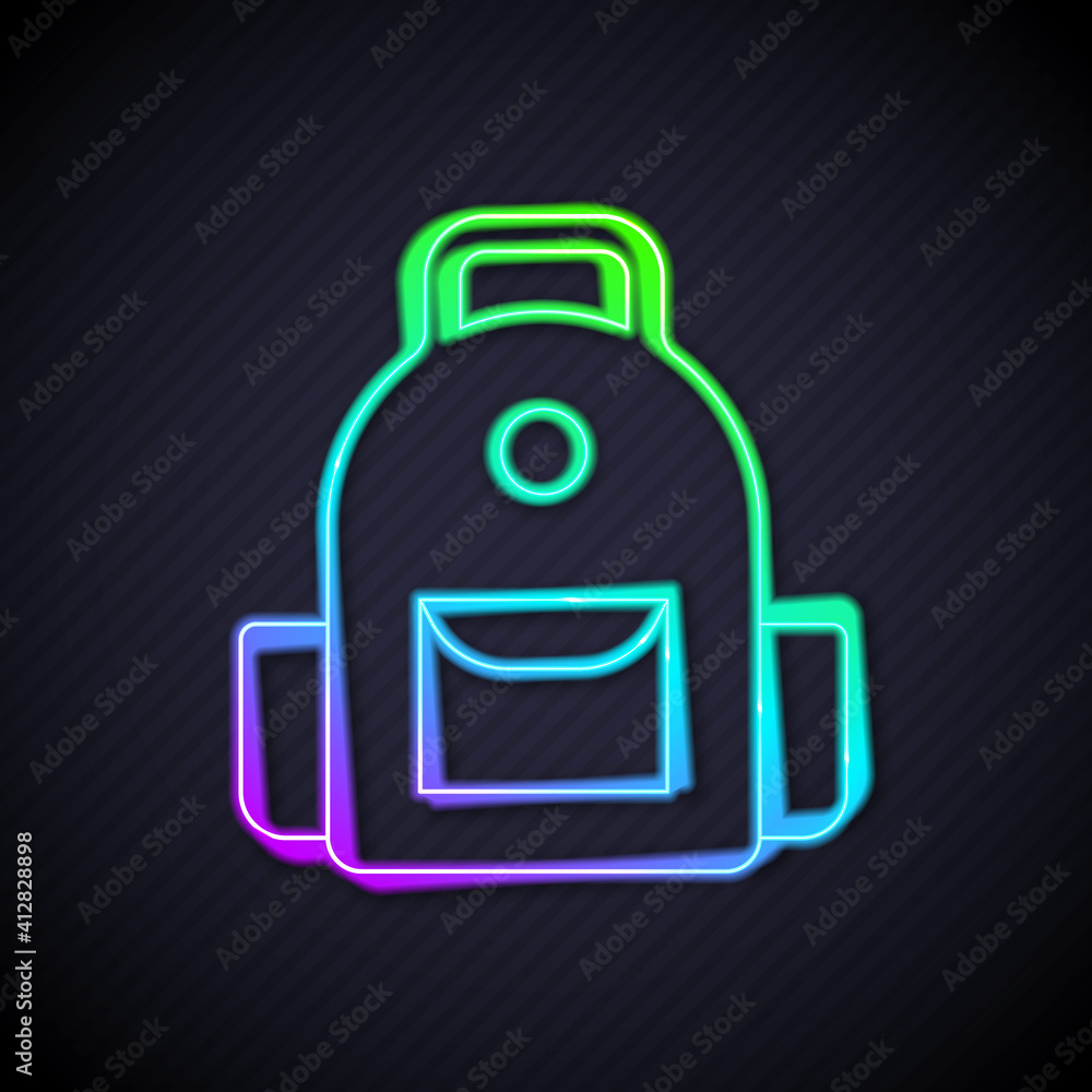 Glowing neon line School backpack icon isolated on black background. Vector.