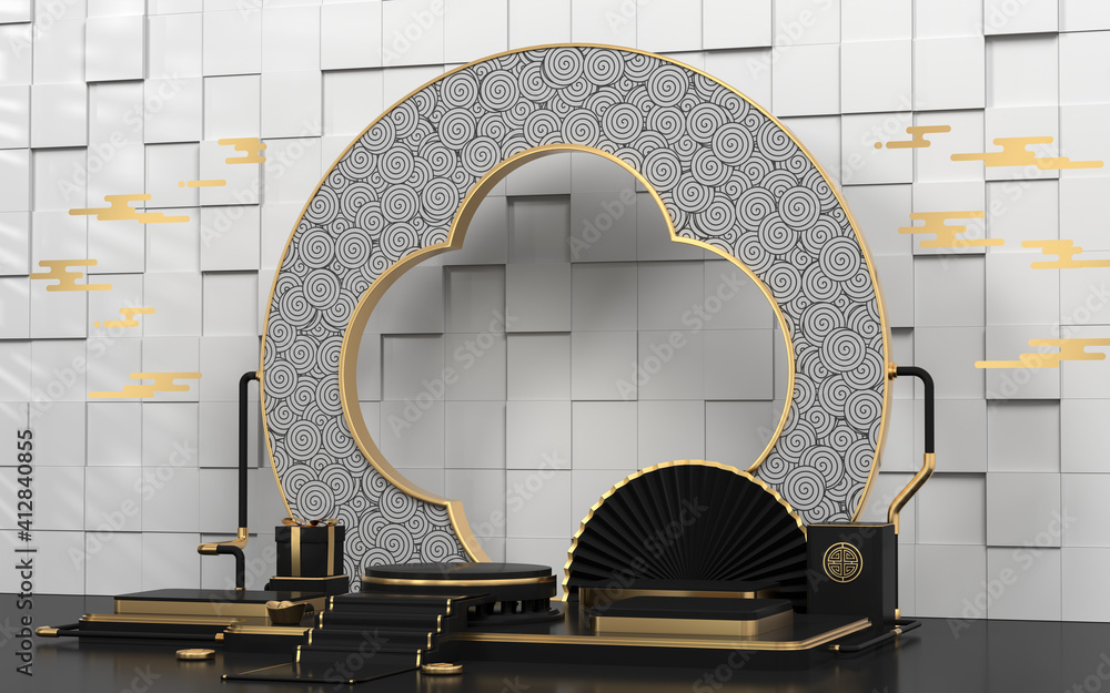 Empty showcase stage, Chinese style, 3d rendering.