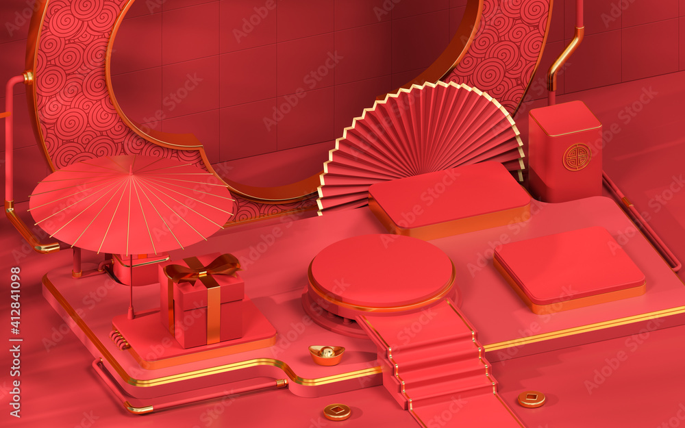 Empty showcase stage, Chinese style, 3d rendering.