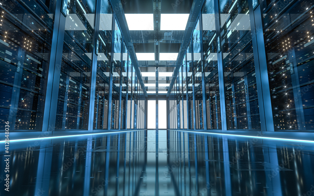 Server racks in computer network security server room data center, 3d rendering.