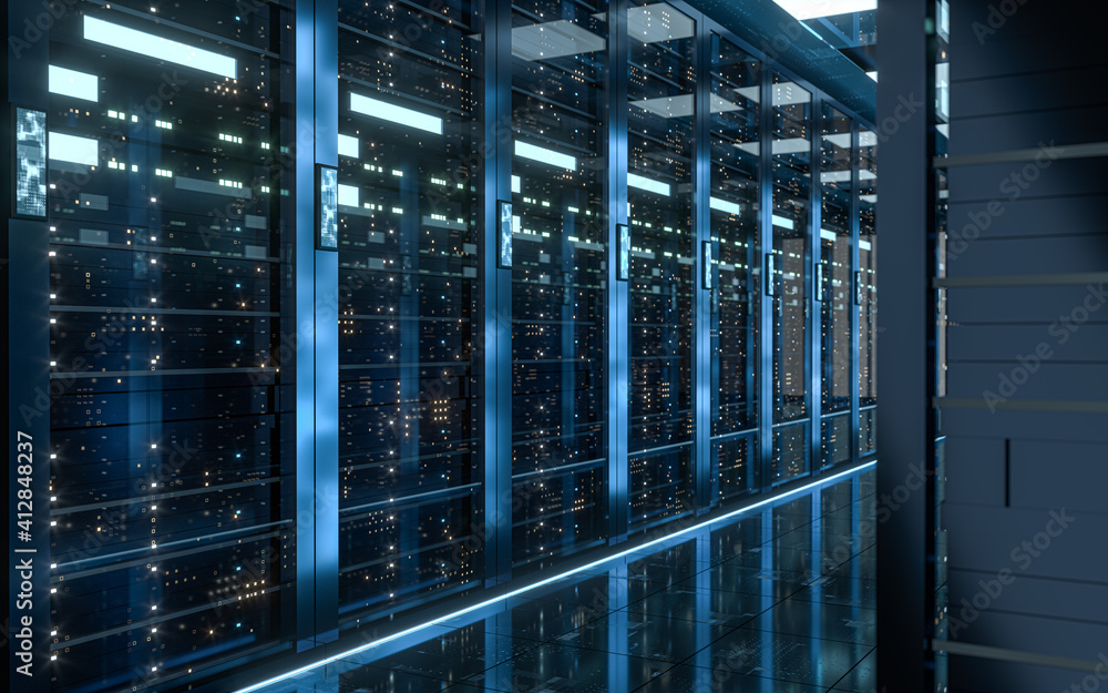 Server racks in computer network security server room data center, 3d rendering.