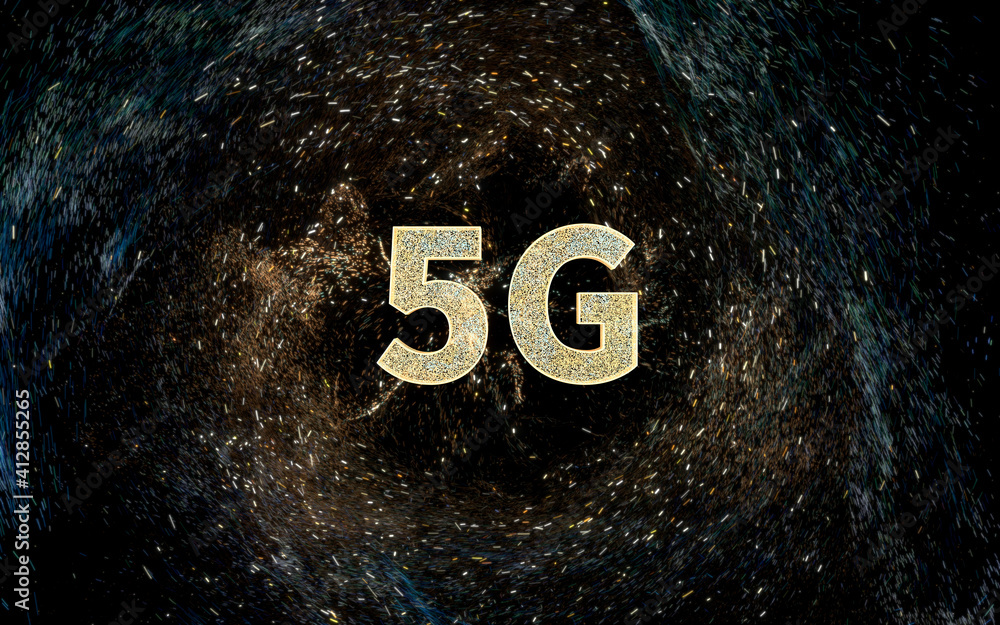 具有宇宙背景的5G字体，三维渲染。