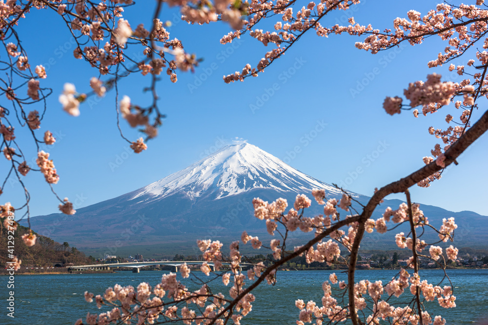 日本富士山，春季川口湖畔