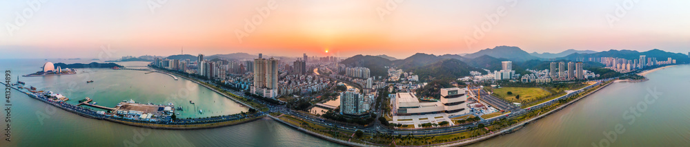 Aerial photography of Zhuhai coastline city scenery and sunset