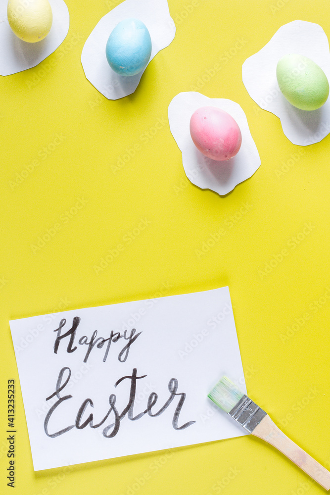 Easter concept on yellow background top view mockup