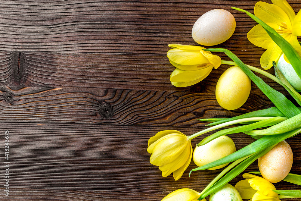 Easter concept eggs with tulip top view mock up