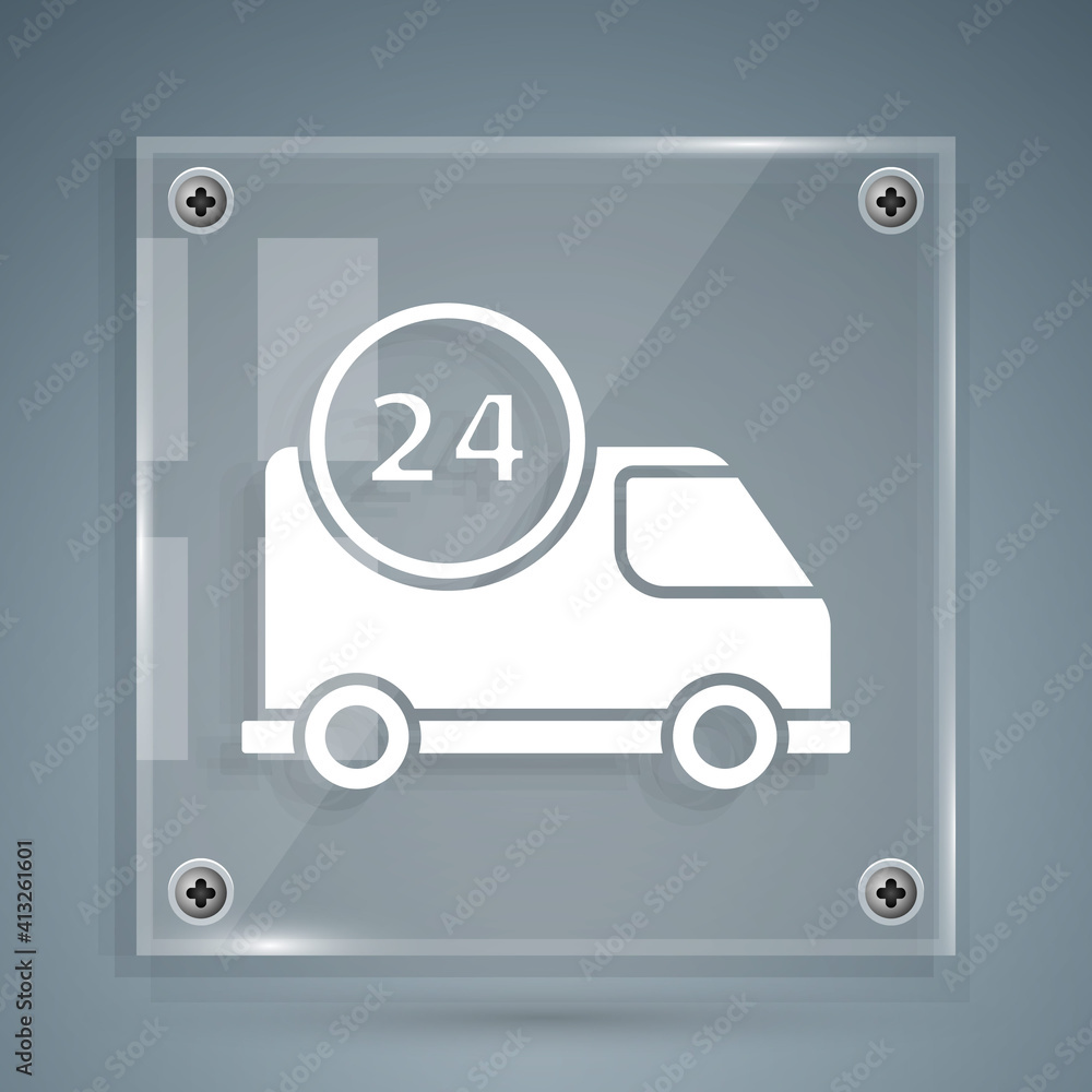 White Fast round the clock delivery by car icon isolated on grey background. Square glass panels. Ve