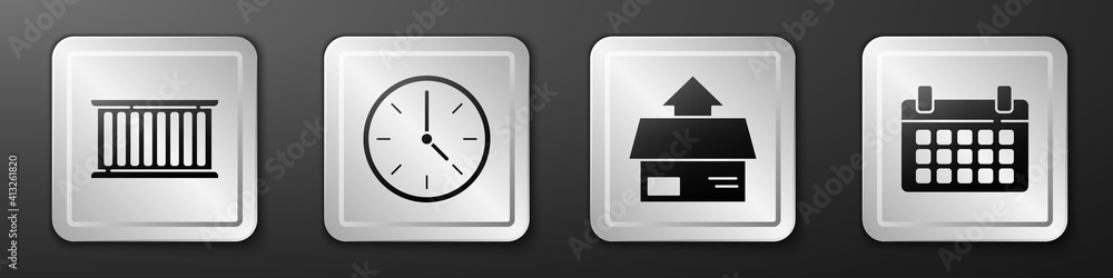 设置容器、时钟、纸板箱和日历图标。银色方形按钮。矢量。
