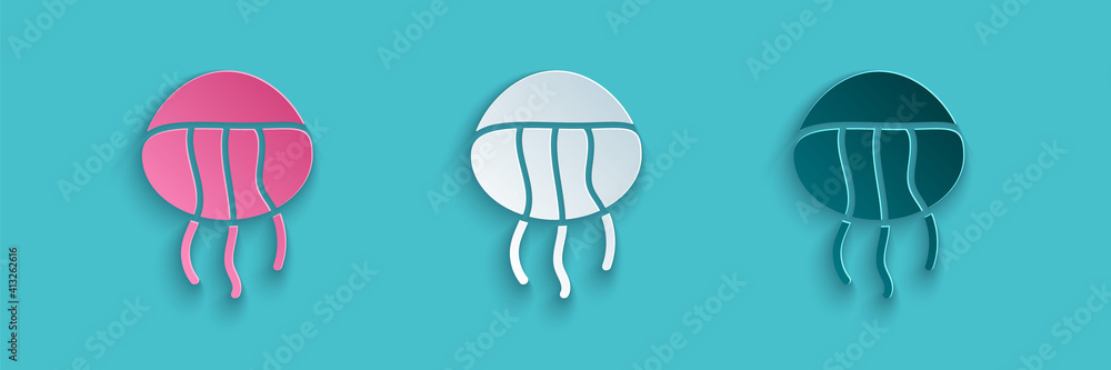 Paper cut Jellyfish icon isolated on blue background. Paper art style. Vector.