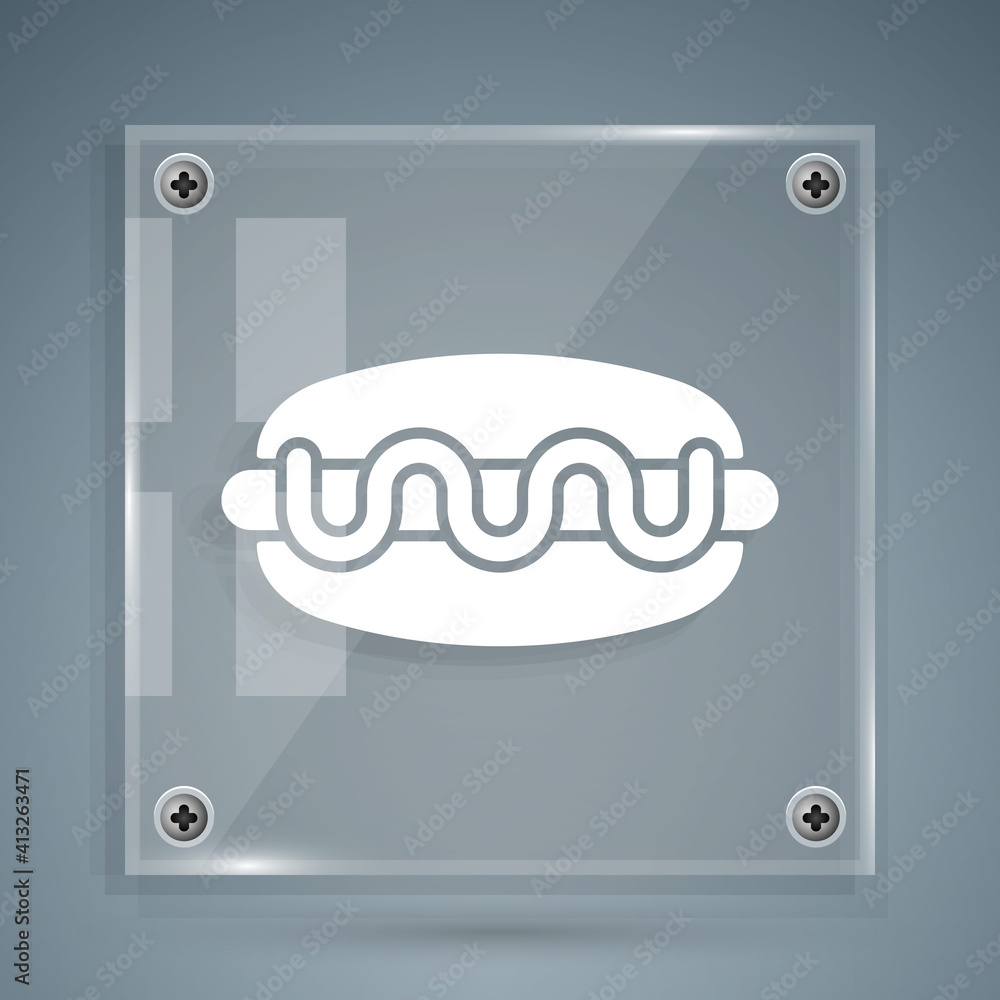 White Hotdog sandwich icon isolated on grey background. Sausage icon. Fast food sign. Square glass p