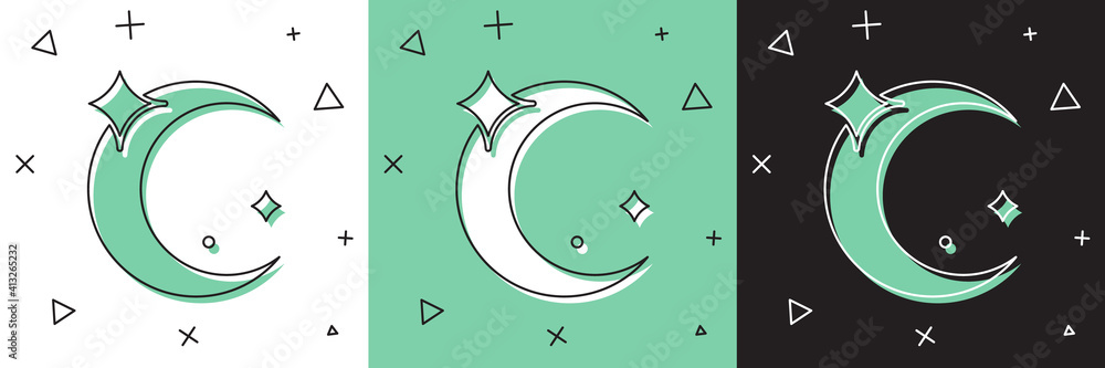 Set Moon and stars icon isolated on white and green, black background. Vector.