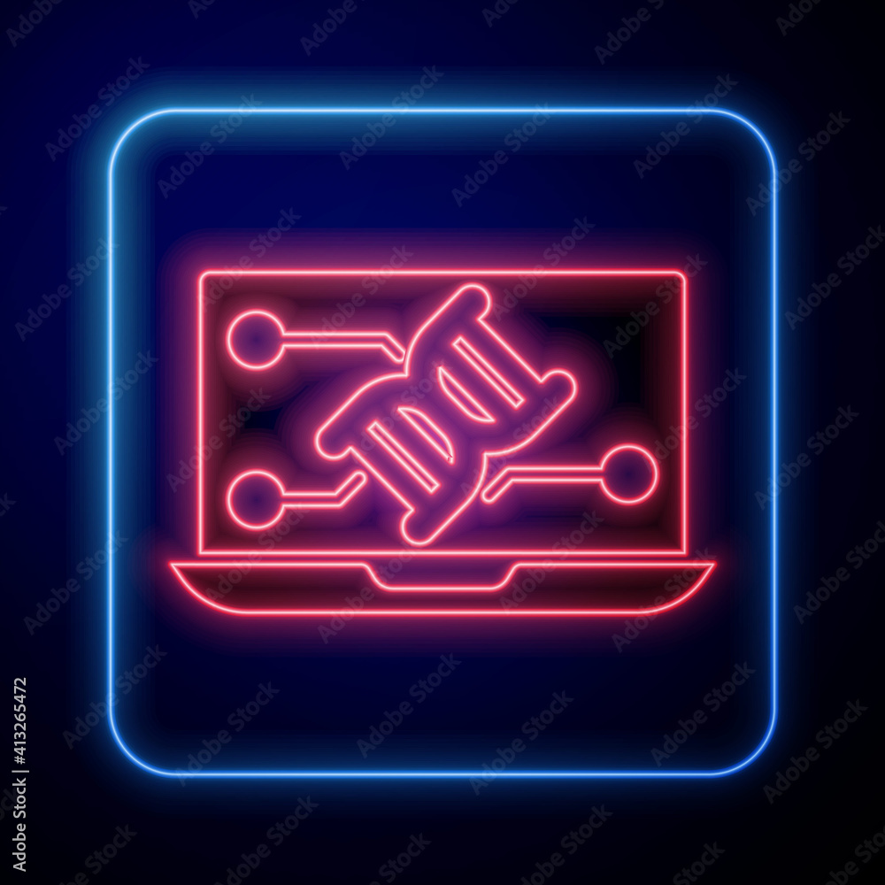 Glowing neon Genetic engineering modification on laptop icon isolated on blue background. DNA analys