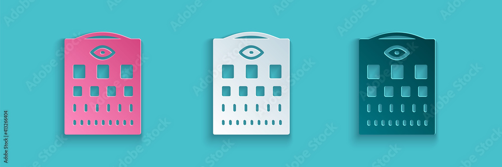 Paper cut Eye test chart icon isolated on blue background. Poster for vision testing in ophthalmic s