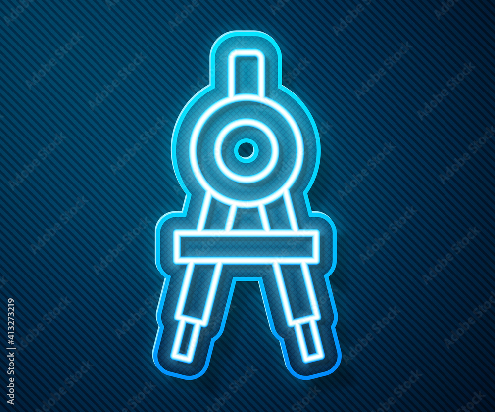 Glowing neon line Drawing compass icon isolated on blue background. Compasses sign. Drawing and educ