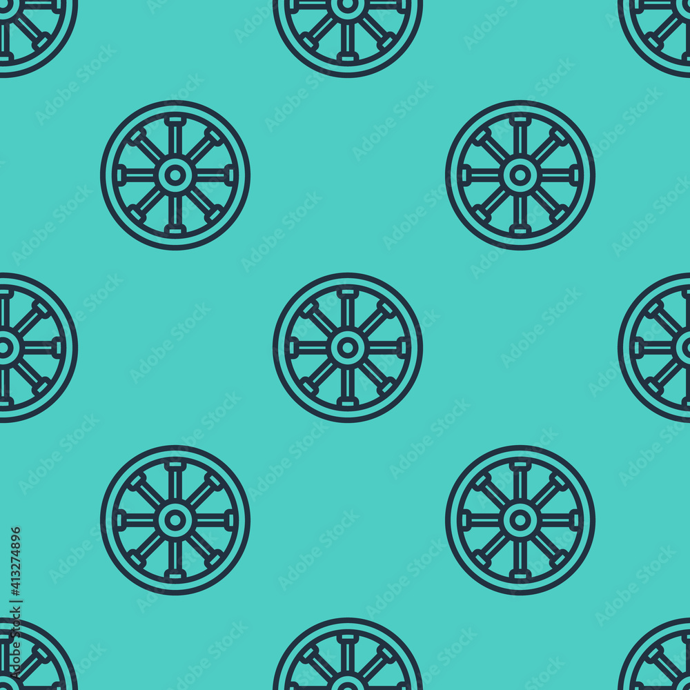 Black line Old wooden wheel icon isolated seamless pattern on green background. Vector.