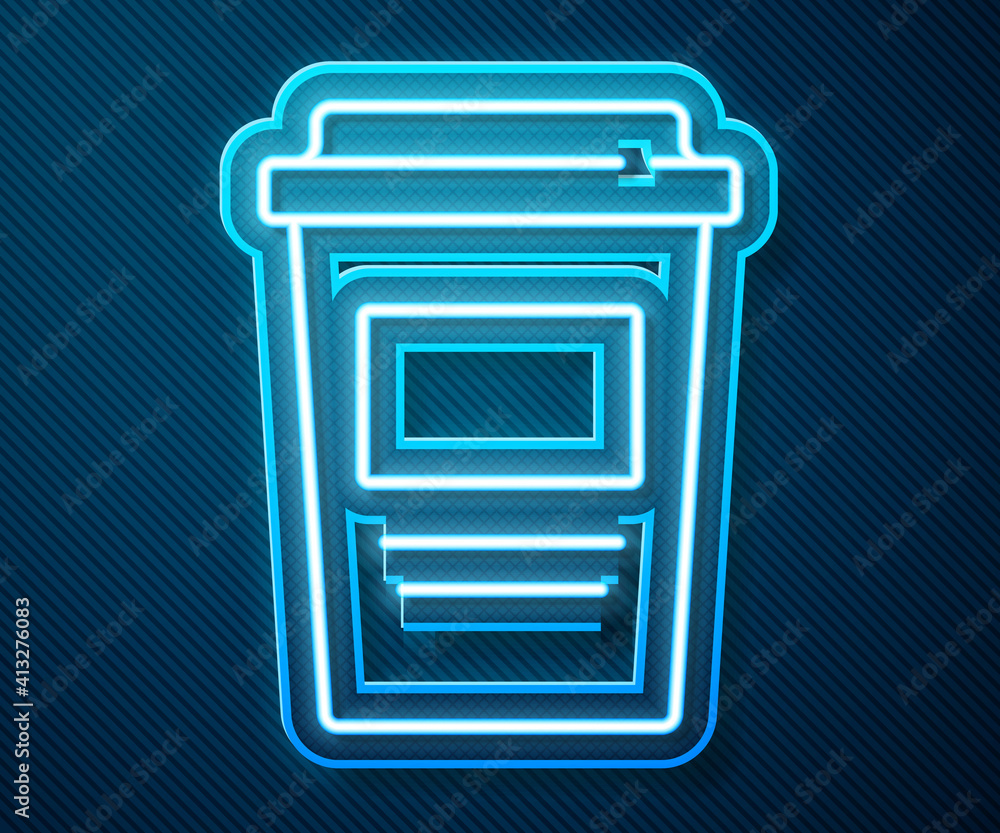 Glowing neon line Coffee cup to go icon isolated on blue background. Vector.