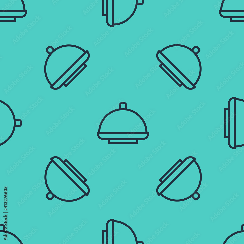 Black line Covered with a tray of food icon isolated seamless pattern on green background. Tray and 