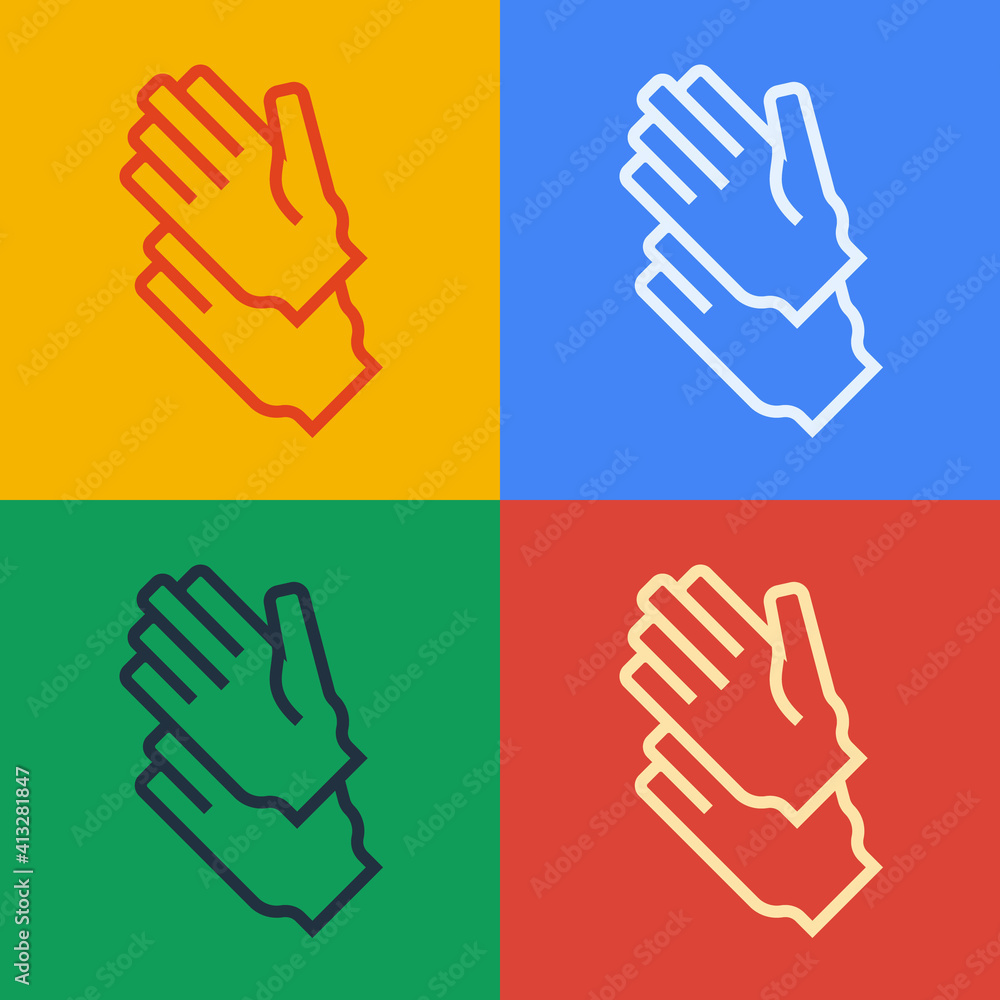 Pop art line Rubber gloves icon isolated on color background. Latex hand protection sign. Housework 